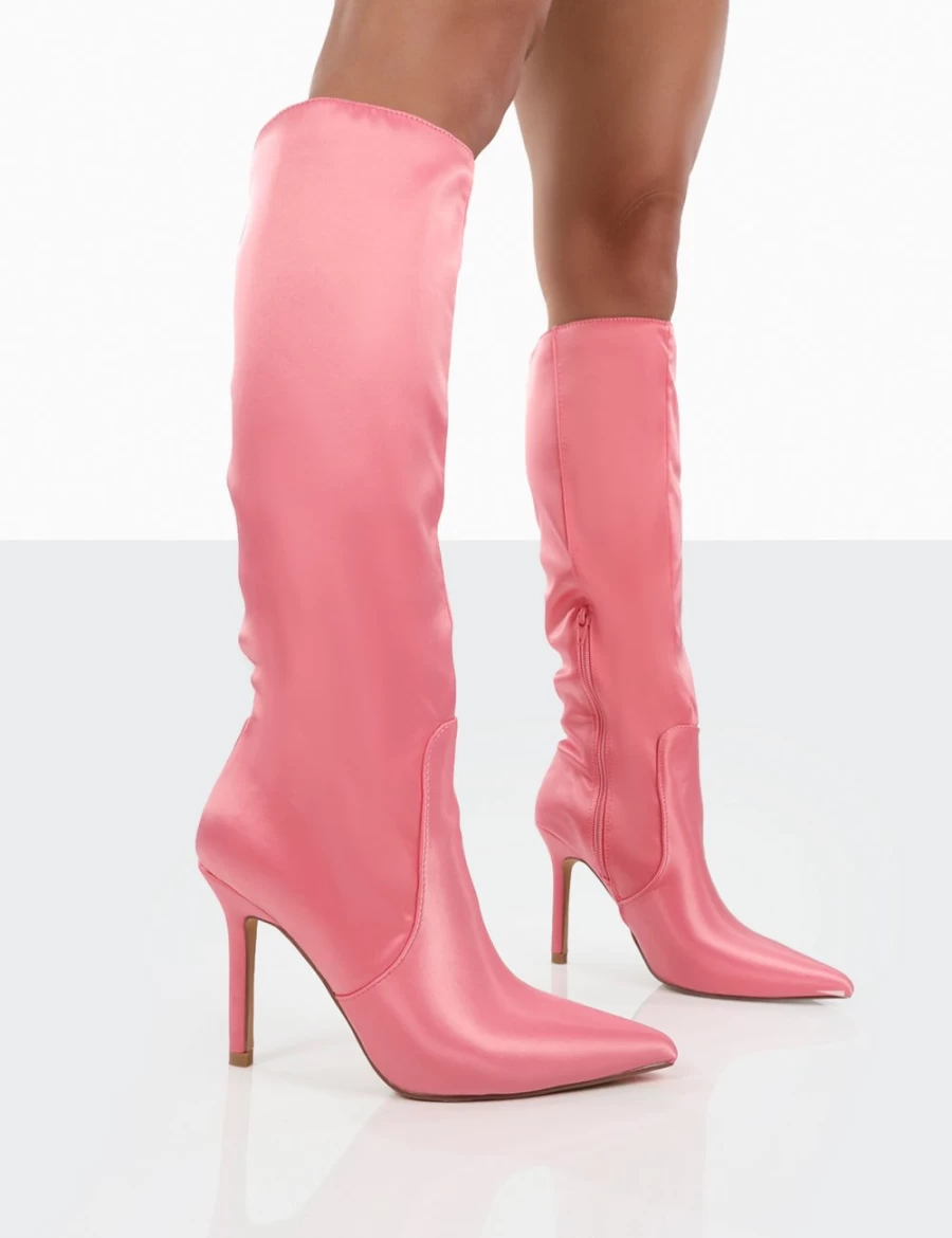 Public Desire Women's Pink Satin Pointed Toe Stiletto Knee High Boots - Best Believe Heels