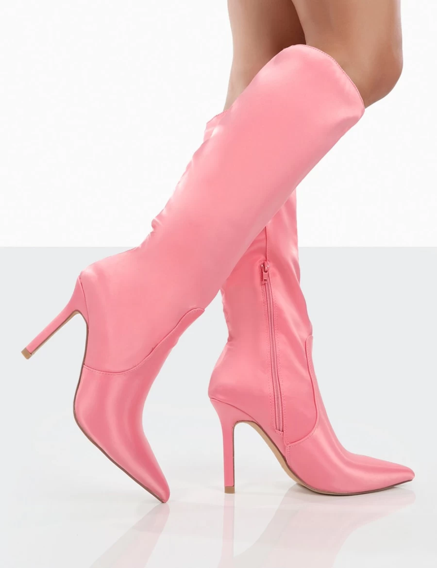 Public Desire Women's Pink Satin Pointed Toe Stiletto Knee High Boots - Best Believe Heels