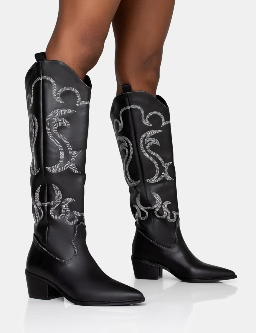 Public Desire Women's Black Western Embroidered Knee High Cowboy Boots