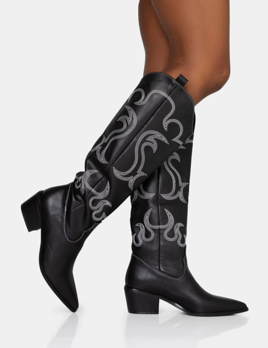 Public Desire Women's Black Western Embroidered Knee High Cowboy Boots