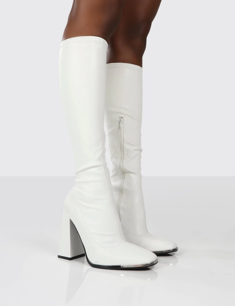 Public Desire Women's White Caryn Pu Block Heel Knee High Boots