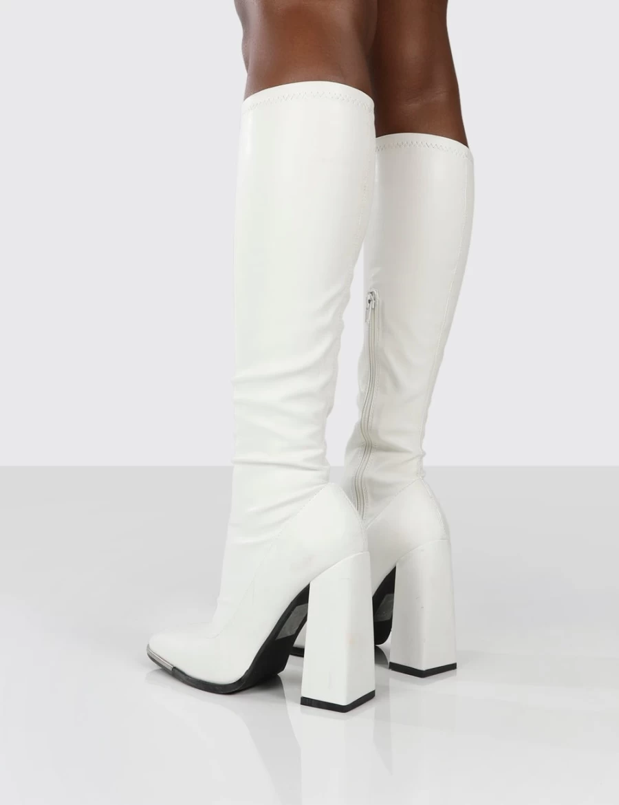 Public Desire Women's White Caryn Pu Block Heel Knee High Boots