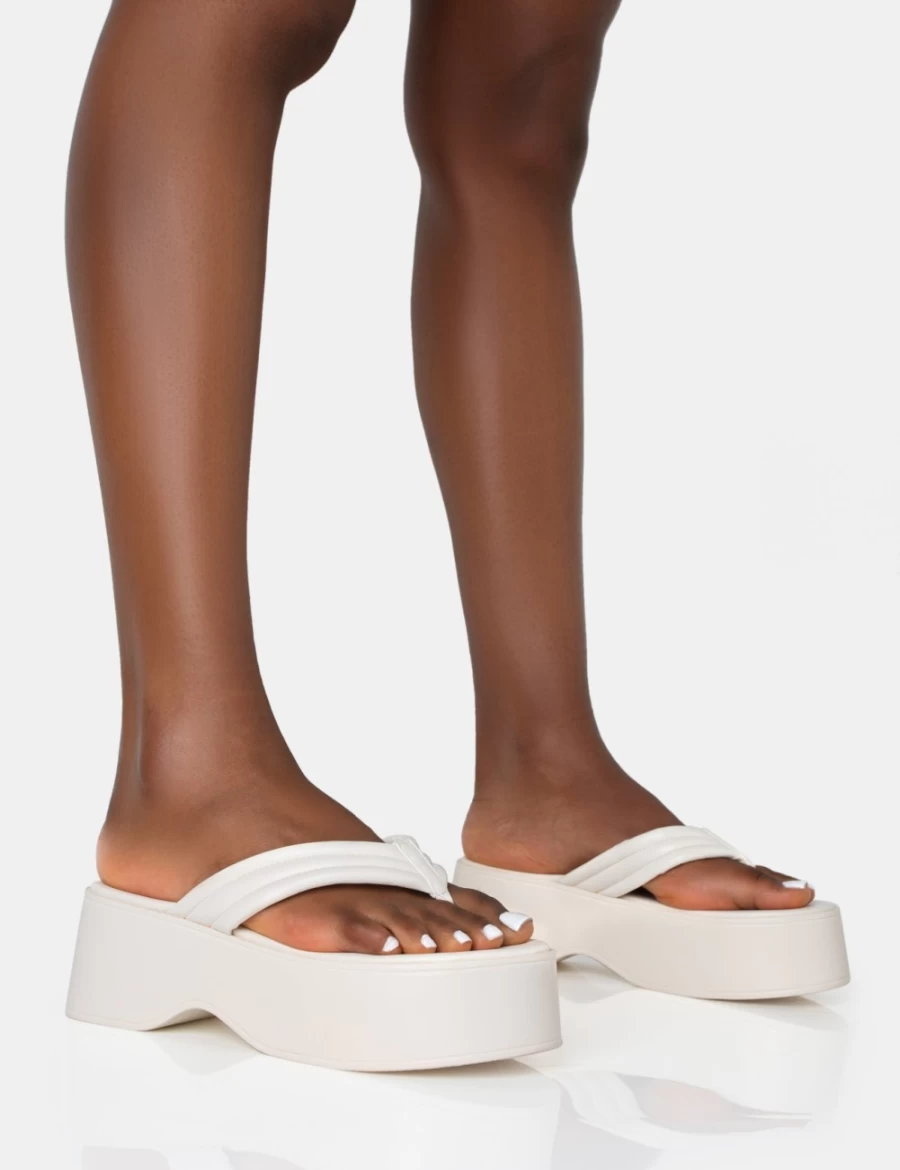 Public Desire Women's Ecru Padded Flip Flop Strap Platform Sandals - Comfortable Summer Beach Shoes