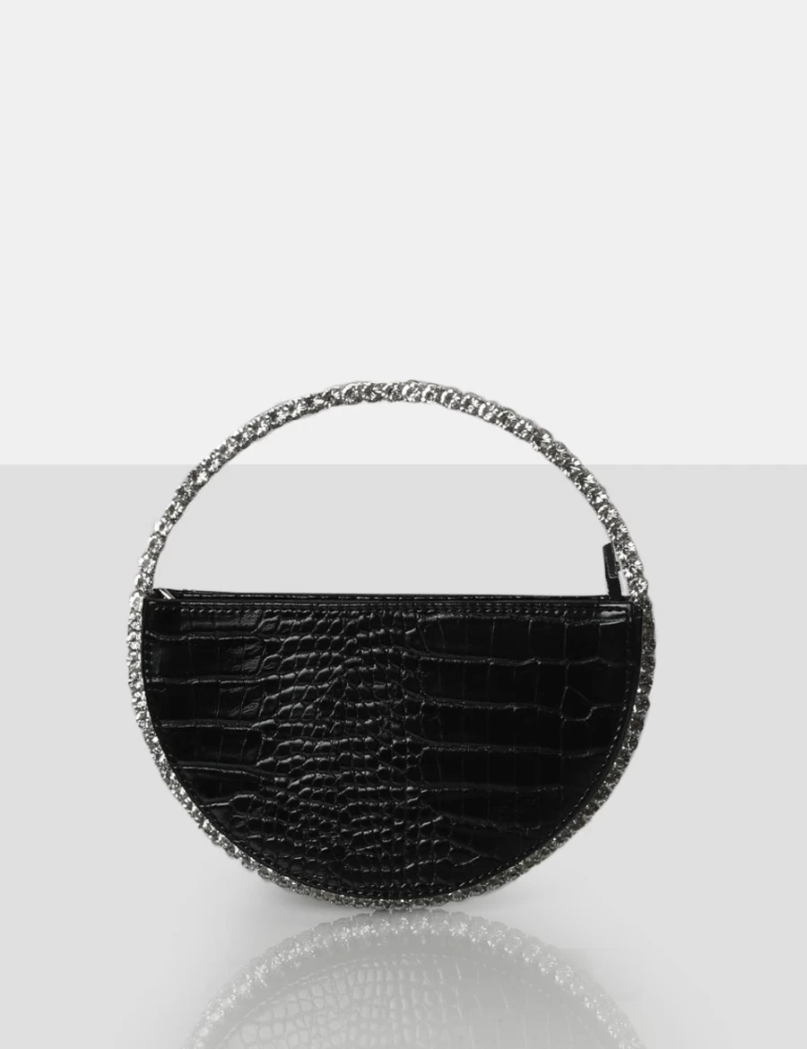 Public Desire Alessia Black Croc Circle Diamante Mini Handbag for Women