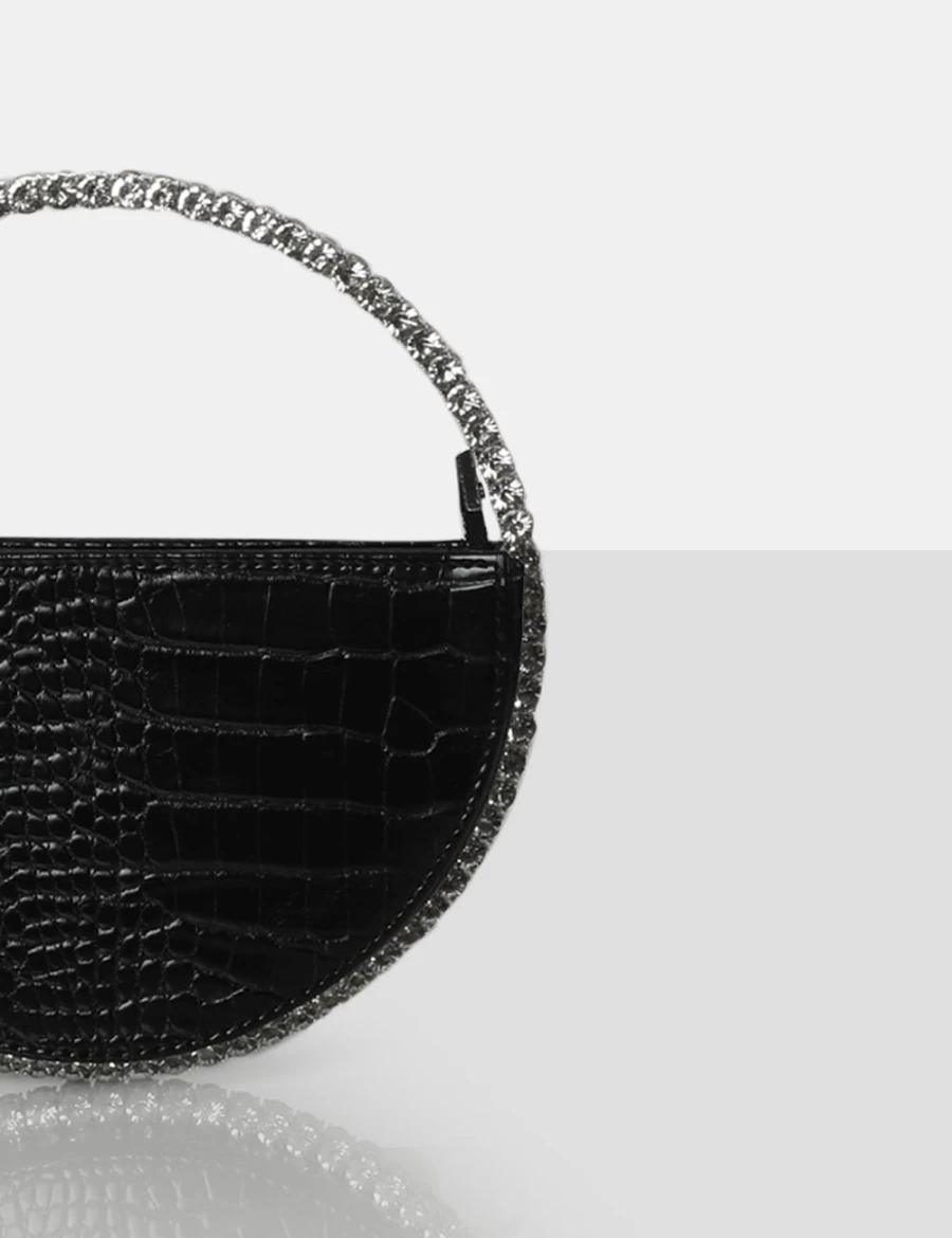 Public Desire Alessia Black Croc Circle Diamante Mini Handbag for Women