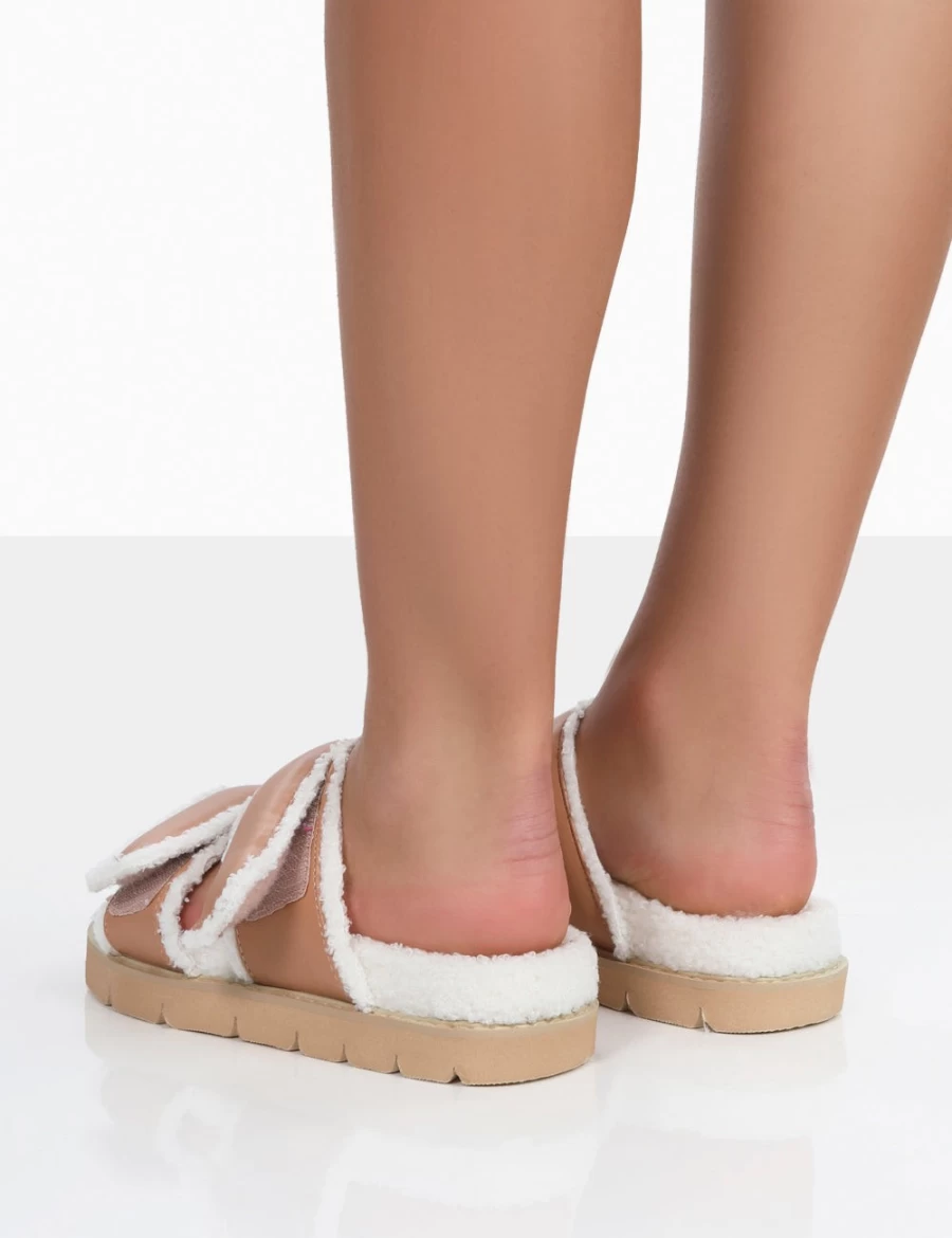 Public Desire Women's Nude Faux Fur Slide Sandals - Rinc Pu Style