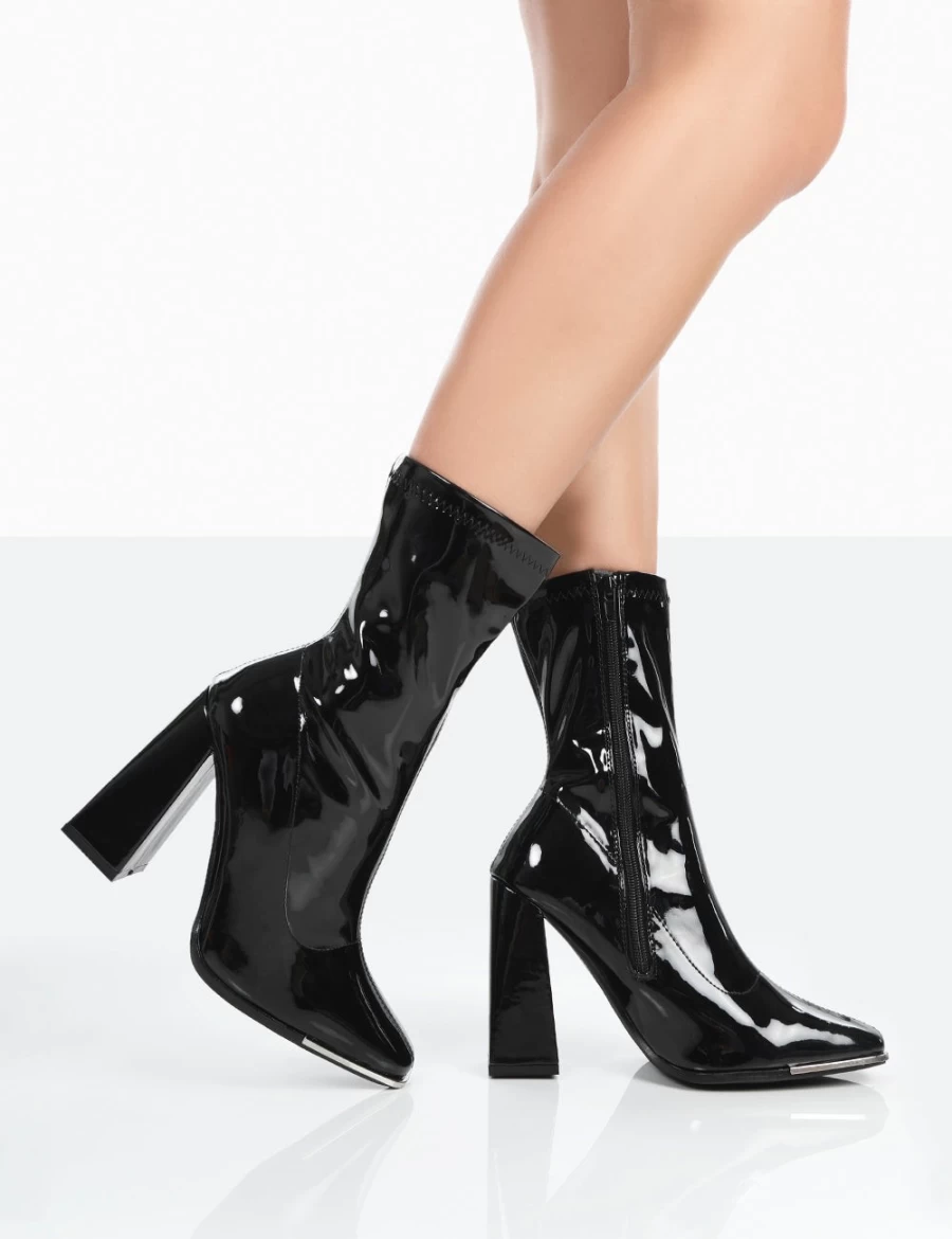 Public Desire Women's Liberty Black Patent Ankle Boots with Block Heel & Sock Design