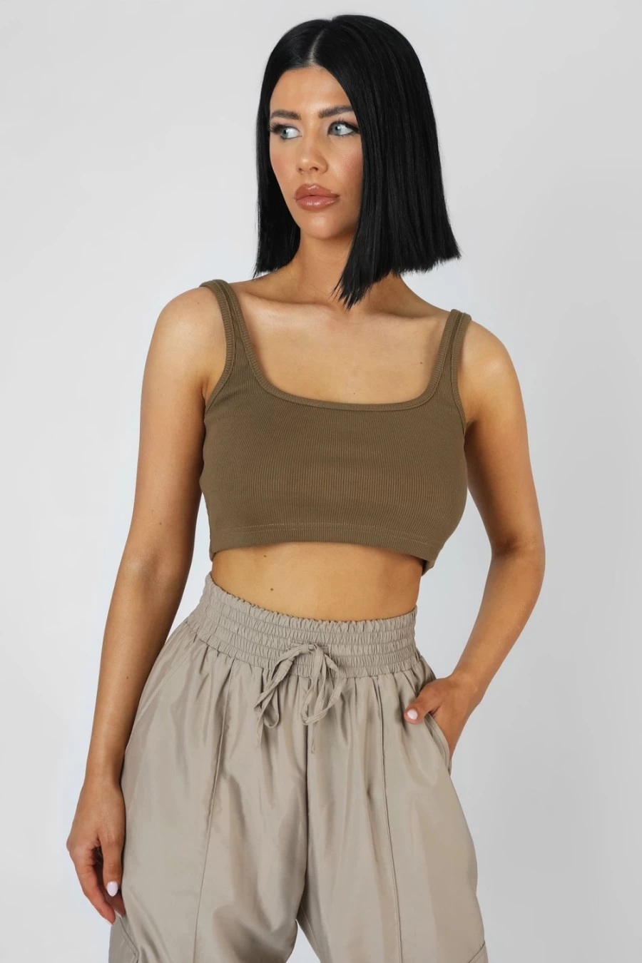 Public Desire Women's Khaki Square Neck Ribbed Crop Top - Stylish Casual Summer Tee