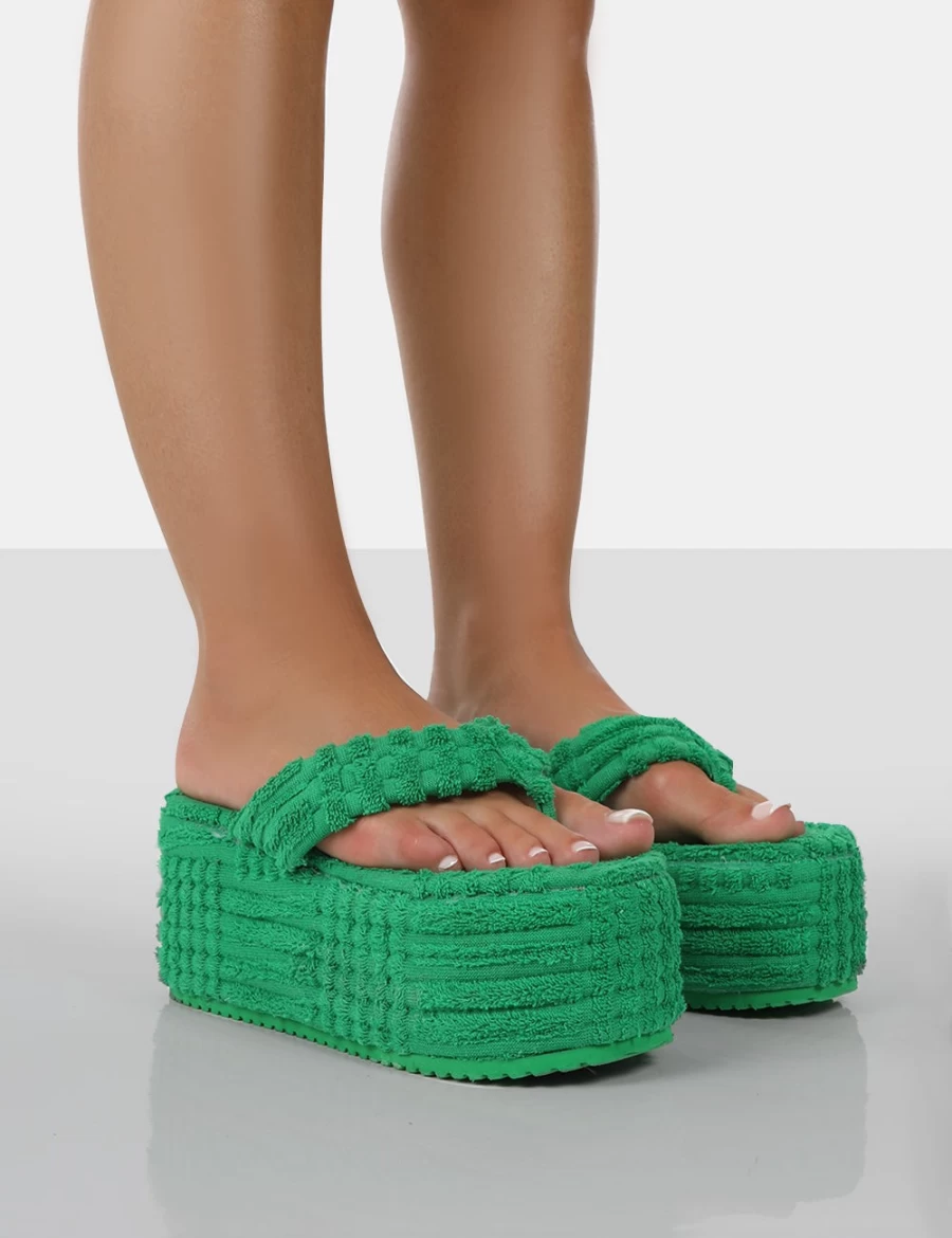 Public Desire Women's Nell Green Terry Towel Wedge Flip Flops Sandals Platform Shoes