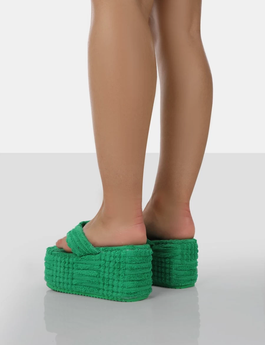 Public Desire Women's Nell Green Terry Towel Wedge Flip Flops Sandals Platform Shoes