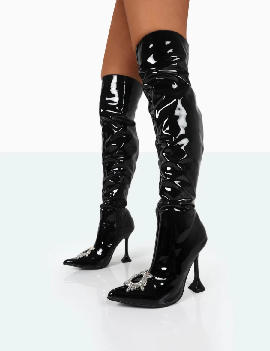 Public Desire Women's Black Sonny Patent Sparkly Diamante Stud Pointed Toe Stiletto Over The Knee Boots