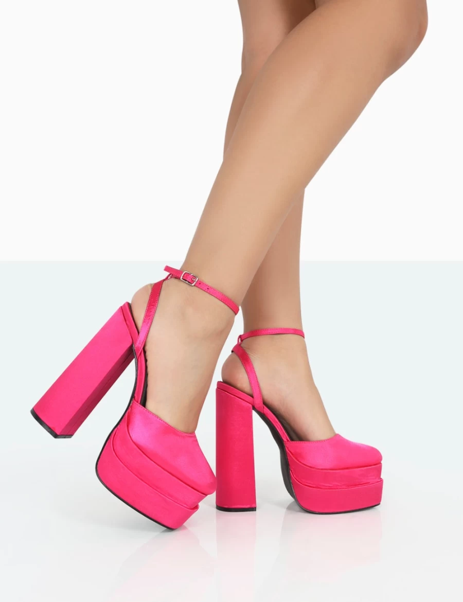 Public Desire Women's Pink Fuchsia Satin Platform Heels - Closed Toe Block Heel Statement Shoes