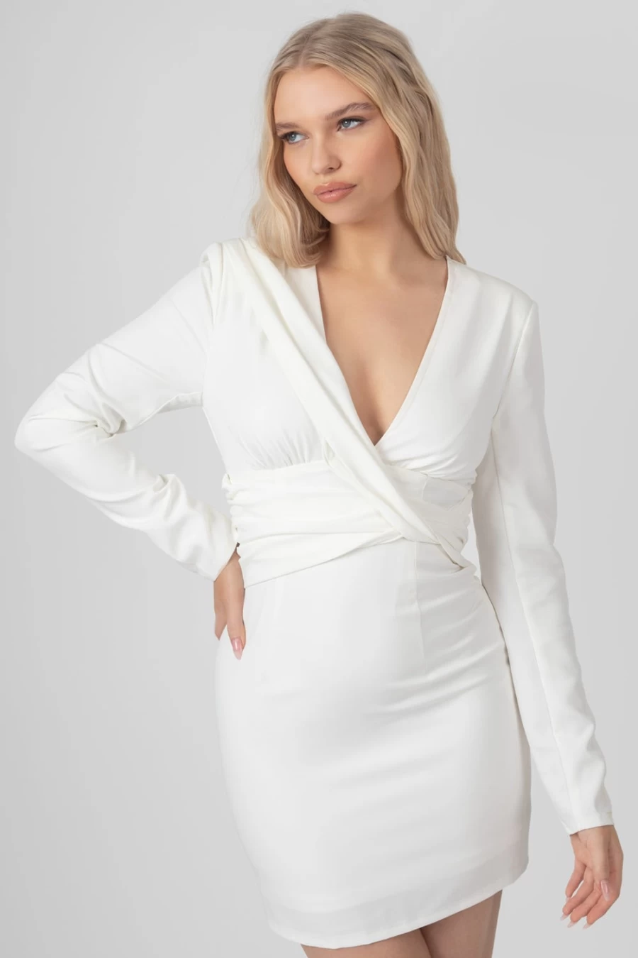 Public Desire Women's White Plunge Front Drape Dress - Elegant Ivory Evening Gown