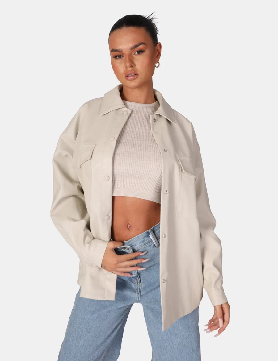 Public Desire Women's Stone Vegan Leather Oversized Shacket - Stylish Faux Leather Pocket Jacket Coat