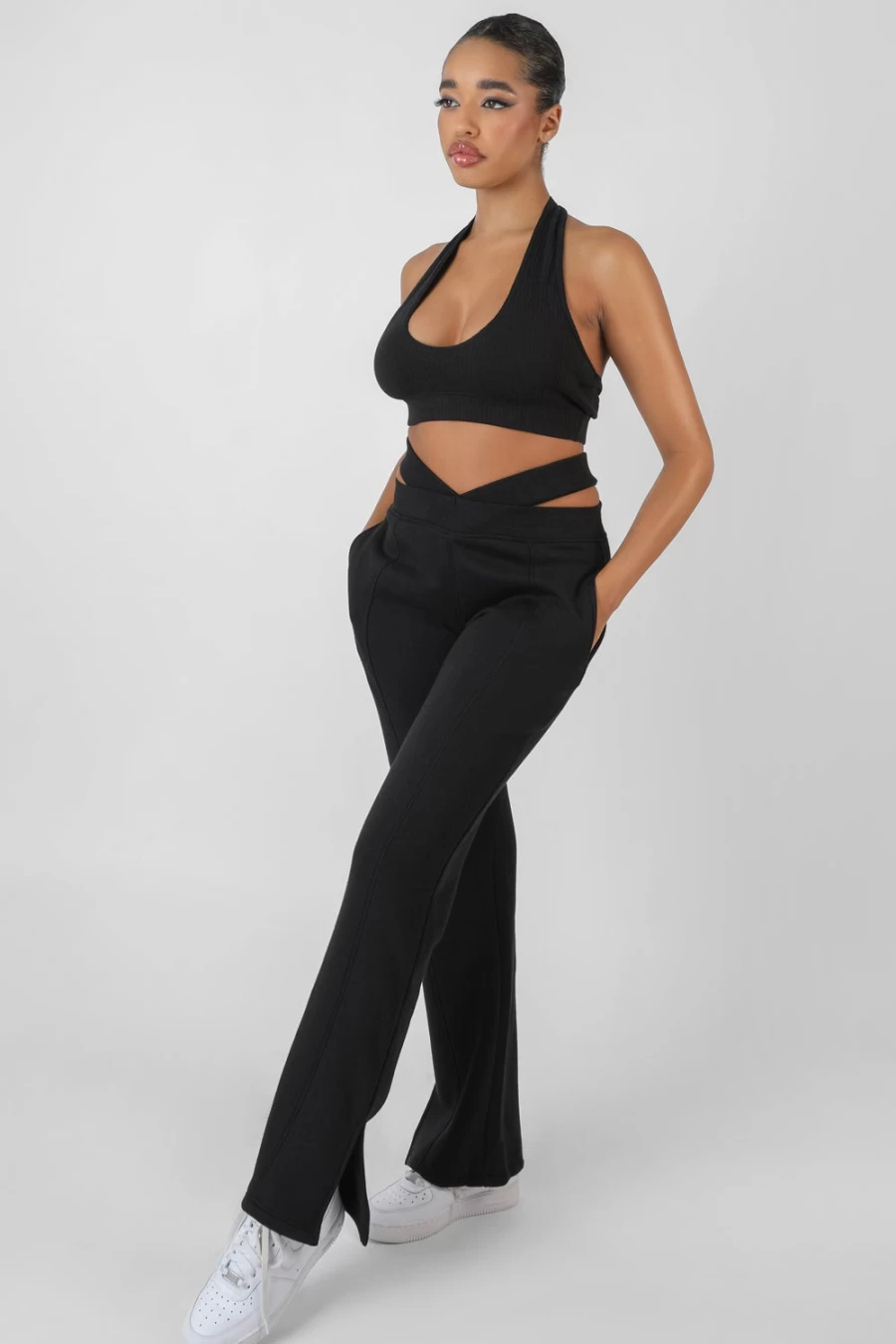 Public Desire Women's Black Super Cropped Halter Neck Ribbed Crop Top
