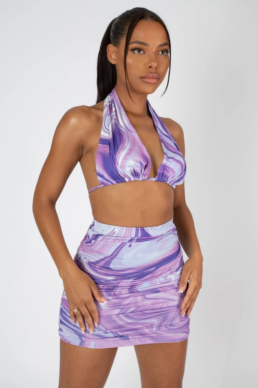 Public Desire Women's Purple Slinky Ruched Mini Skirt - Stretchy Bodycon Party Skirt