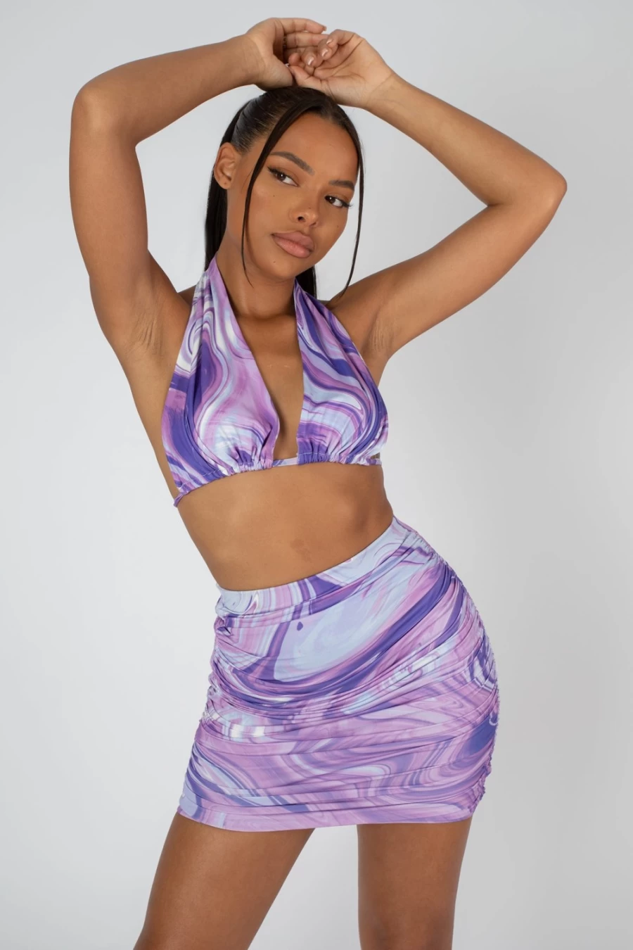 Public Desire Women's Purple Slinky Ruched Mini Skirt - Stretchy Bodycon Party Skirt