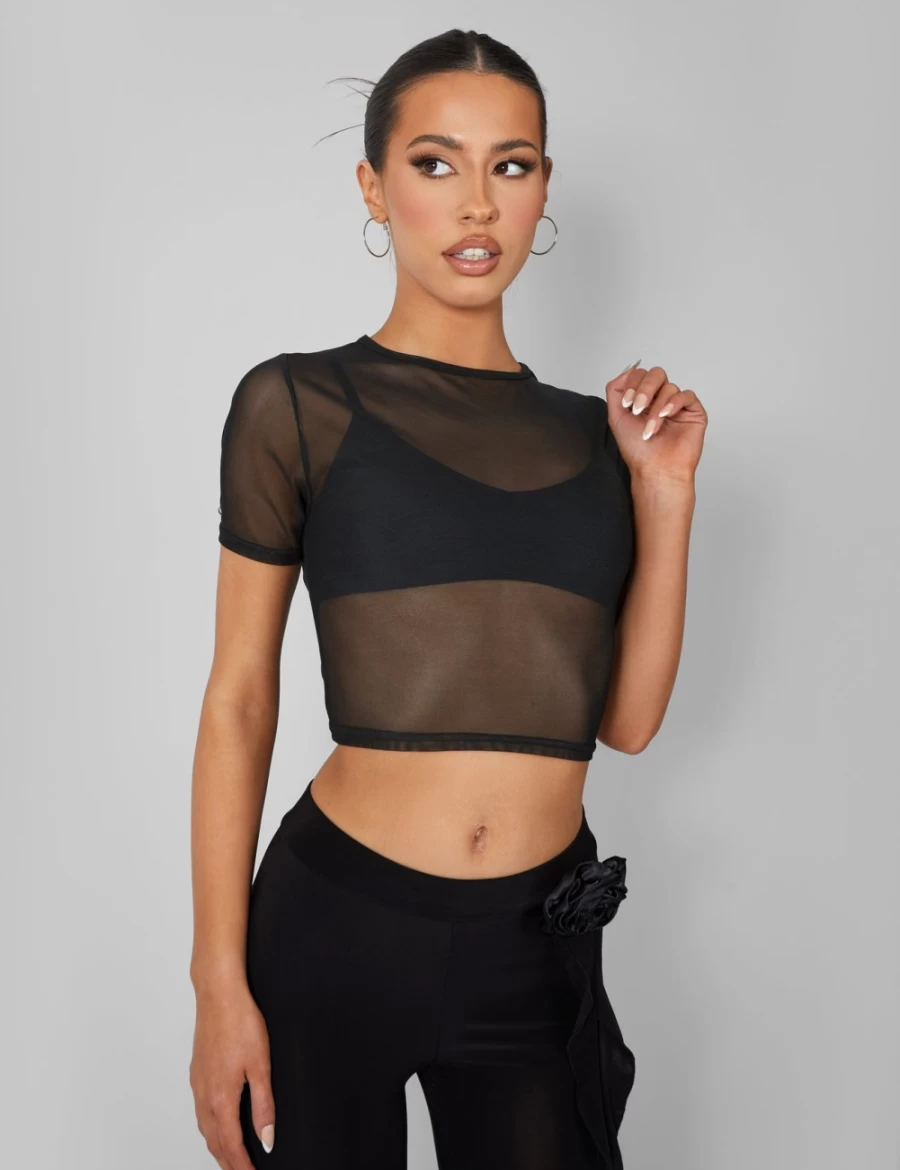 Public Desire Women's Black Mesh Fitted T-Shirt - Stretchable Fashion Top