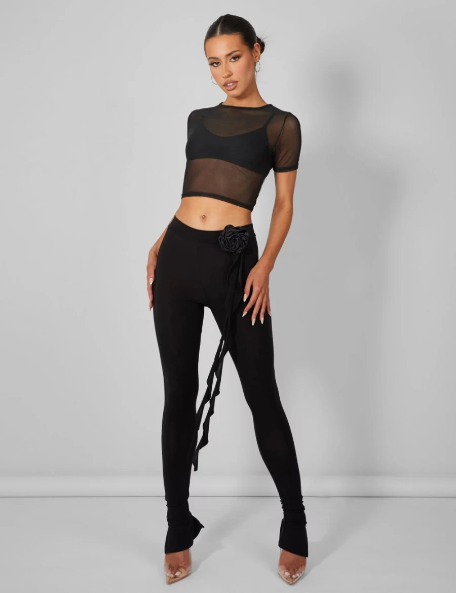 Public Desire Women's Black Mesh Fitted T-Shirt - Stretchable Fashion Top