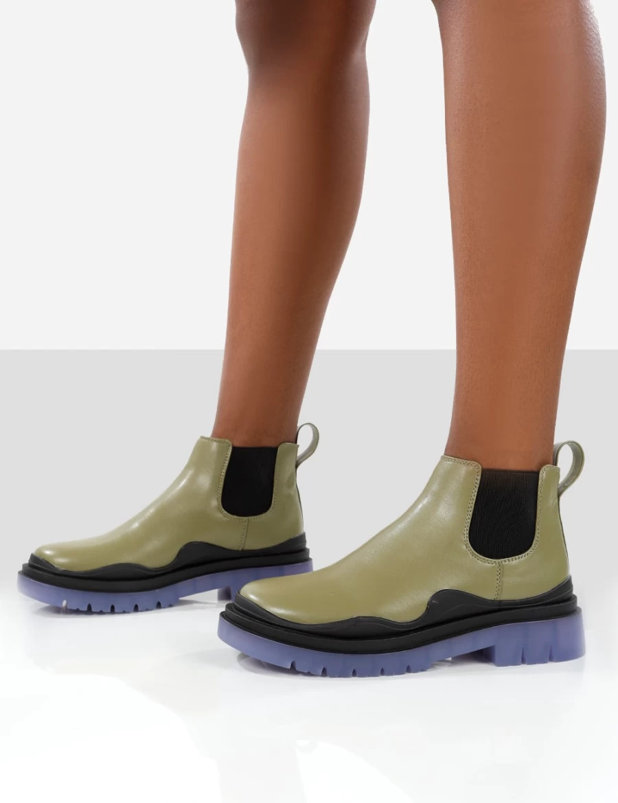 Public Desire Women's Green Myth Chunky Sole Chelsea Boots - Fashion Platform Boots
