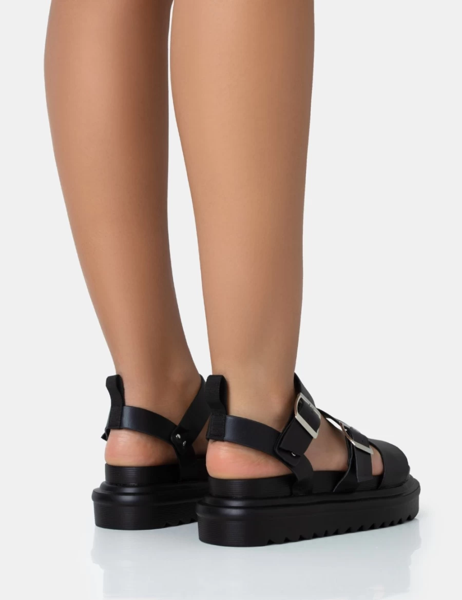 Public Desire Women's Black Macy Pu Chunky Buckle Strap Sandals