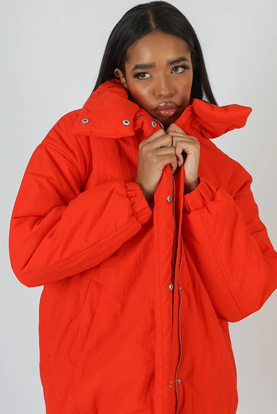 Women's Orange High Neck Puffer Jacket by Public Desire - Winter Warm Quilted Coat