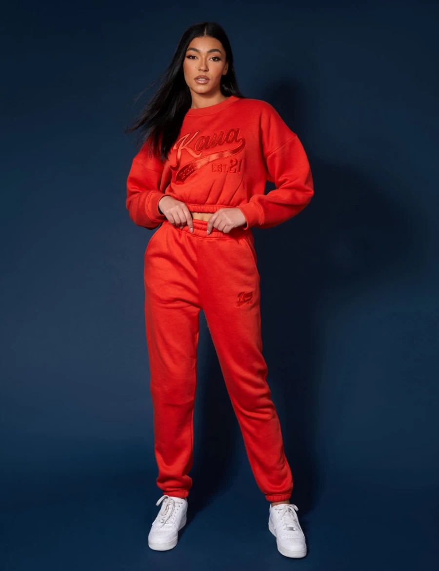 Women's Red Varsity Tonal 90's Flame Joggers by Public Desire