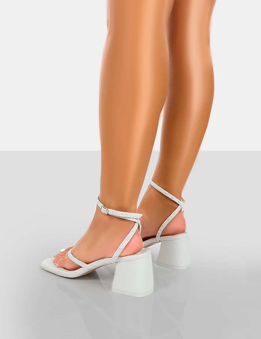 Public Desire Women's White Zahra Mid Block Heel Thong Sandals