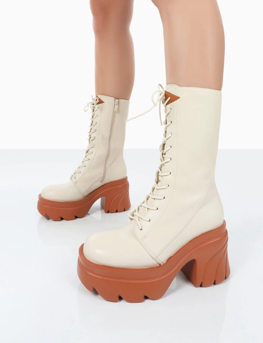 Public Desire Women's Beige Ever Laced Platform Chunky Sole Ankle Boots