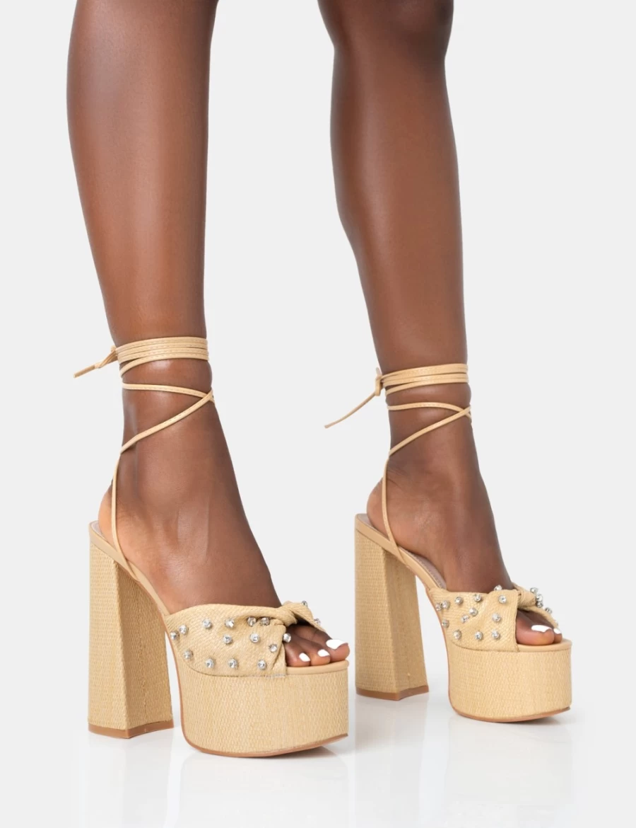 Public Desire Women's Crete Raffia Diamante Twist Strap Lace Up Platform Block Heel Sandals