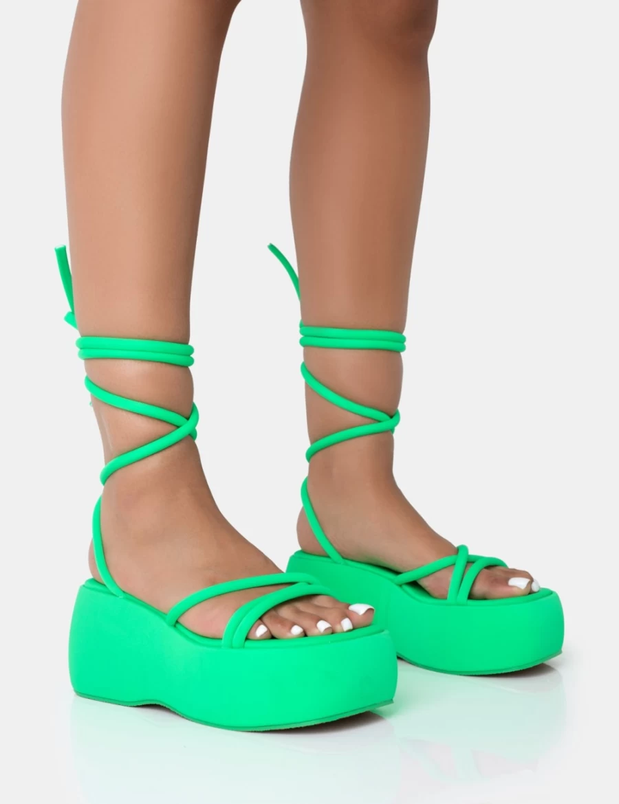 Public Desire Women's Lime Full Moon Nylon Lace Up Chunky Platform Sandals