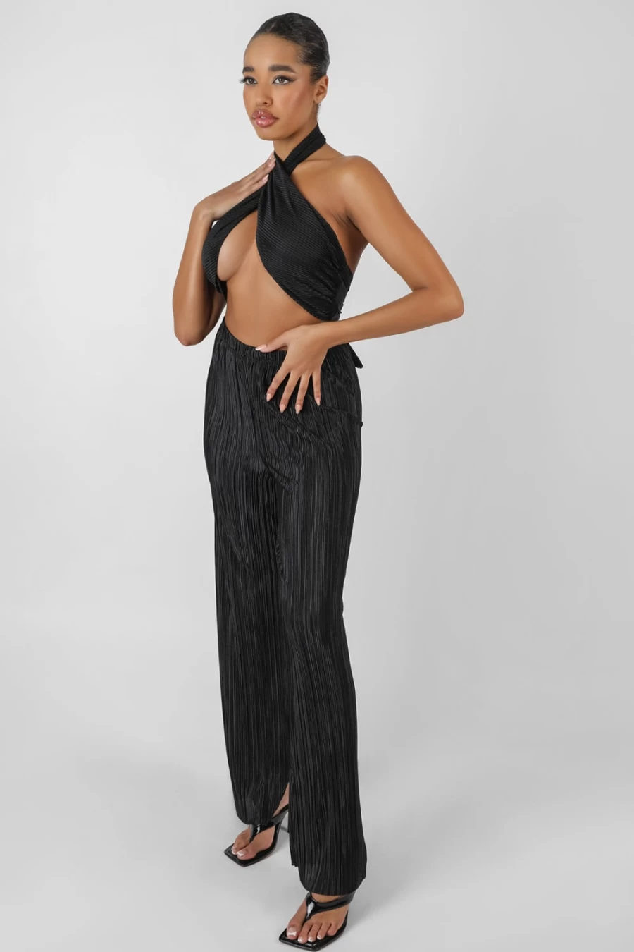 "Public Desire Women's Black Plisse Trousers – Stylish High-Waist Pleated Pants"