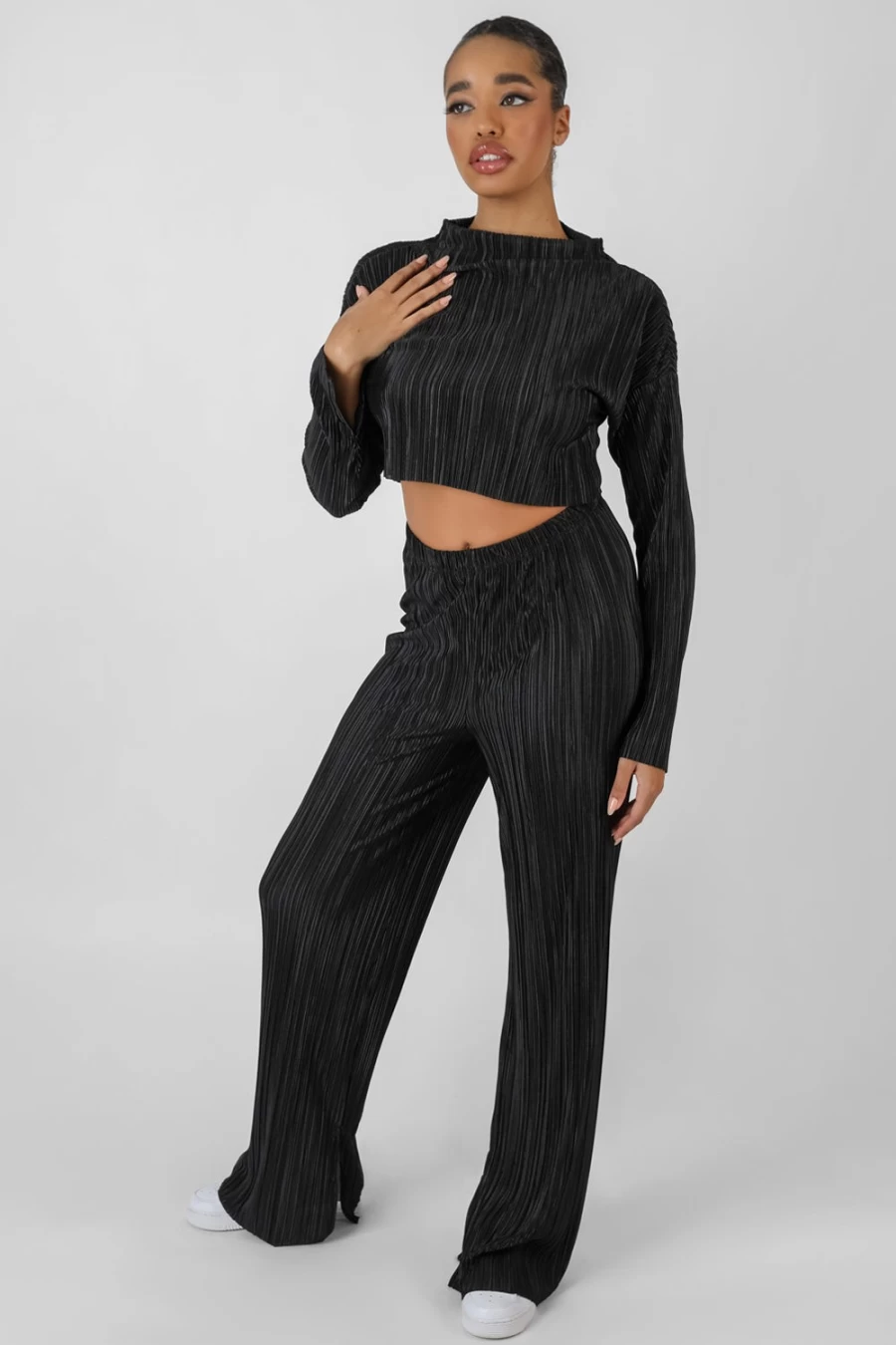 "Public Desire Women's Black Plisse Trousers – Stylish High-Waist Pleated Pants"