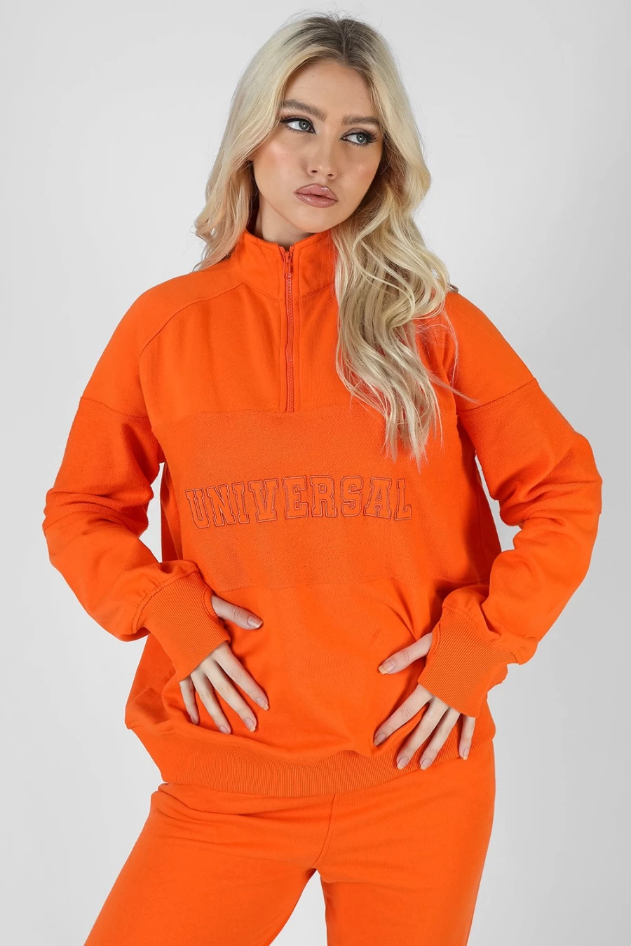 Women's Orange Half Zip Pullover Sweatshirt - Public Desire Reverse Panel Design