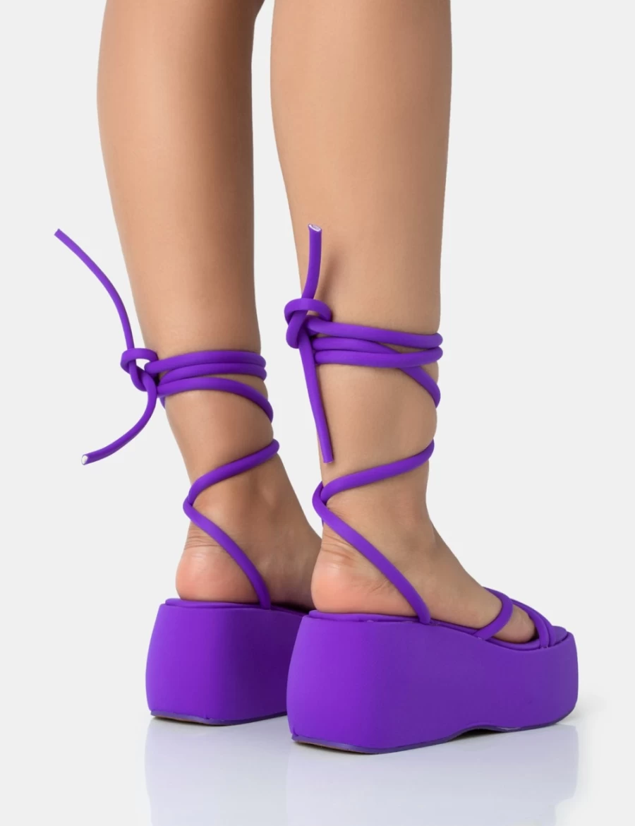 Public Desire Purple Chunky Platform Sandals for Women - Nylon Lace-Up Full Moon Design