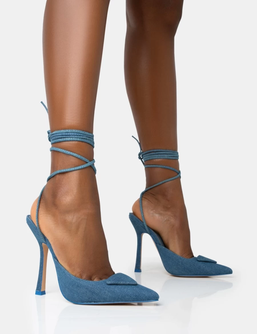 Public Desire Women's Blue Vada Denim Slingback Stiletto Heels with Lace-Up Detail