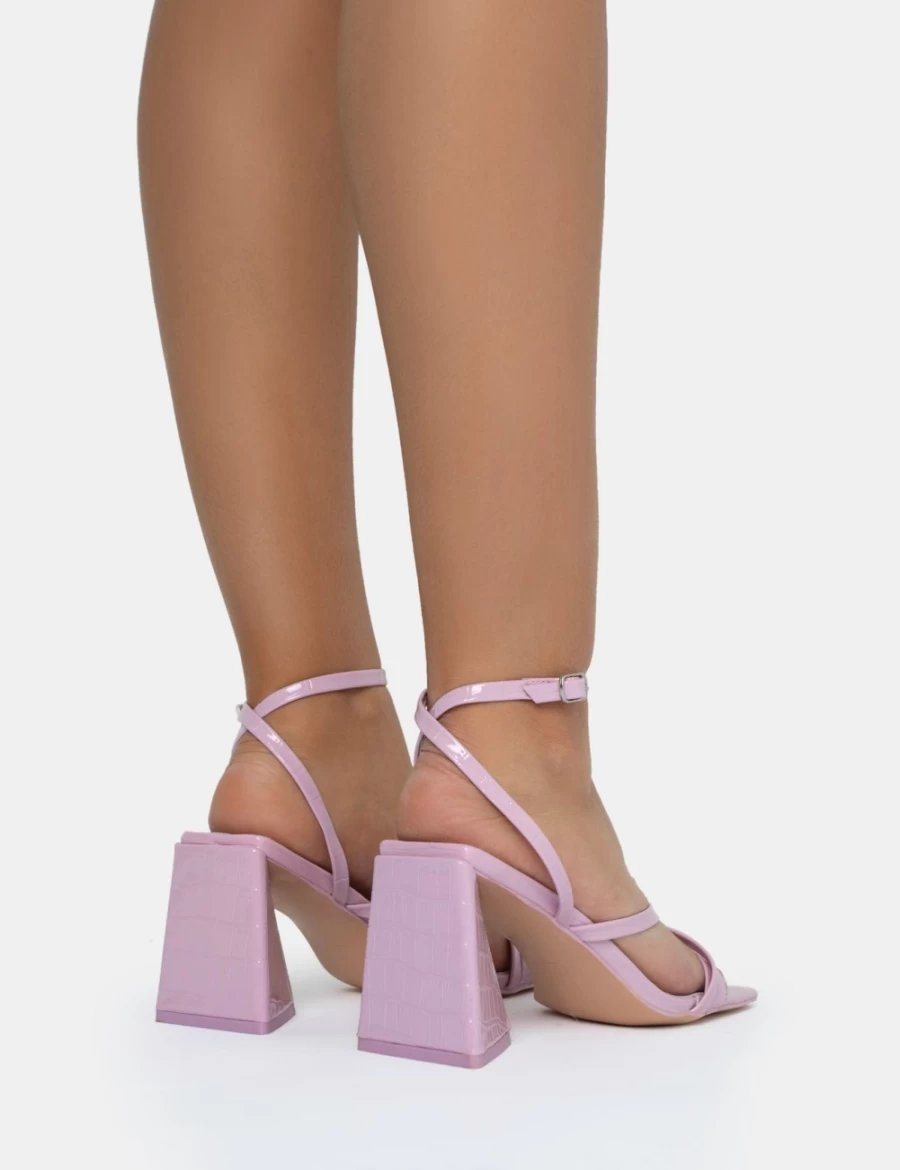 Public Desire Women's Lilac Kasia Croc Strappy Square Toe Mid Heel Block Heel Sandals