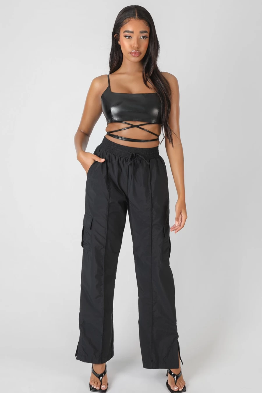 Public Desire Women's Black PU Square Neck Wrap Bralette - Stylish Comfort Lingerie