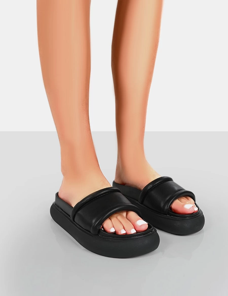 Public Desire Women's Black Demi Pu Slider Sandals - Stylish & Comfortable Slide Shoes