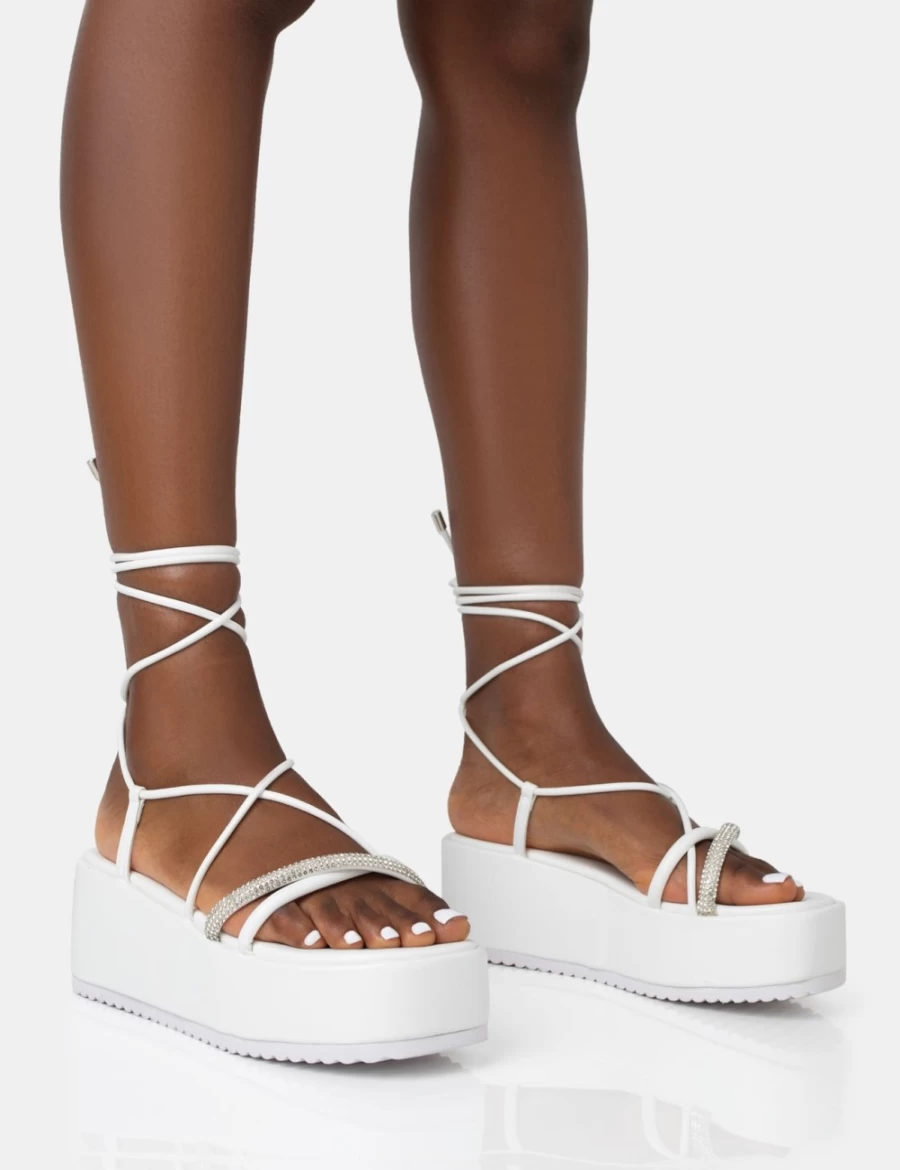 Public Desire Women's White Malia Pu Diamante Strap Lace Up Chunky Platform Sandals