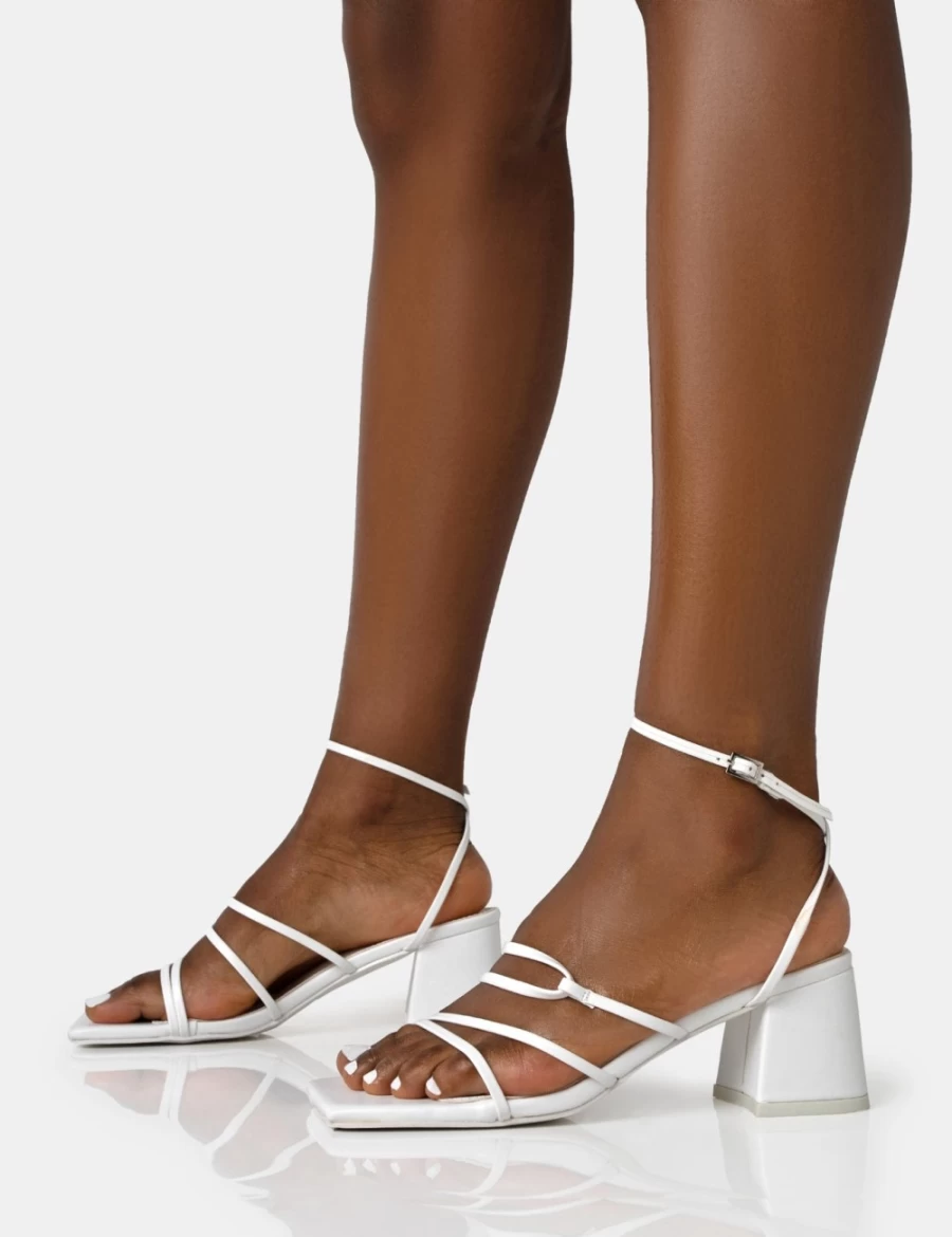 Public Desire Women's White Dayla Pu Strappy Square Toe Block Mid Heel Sandals