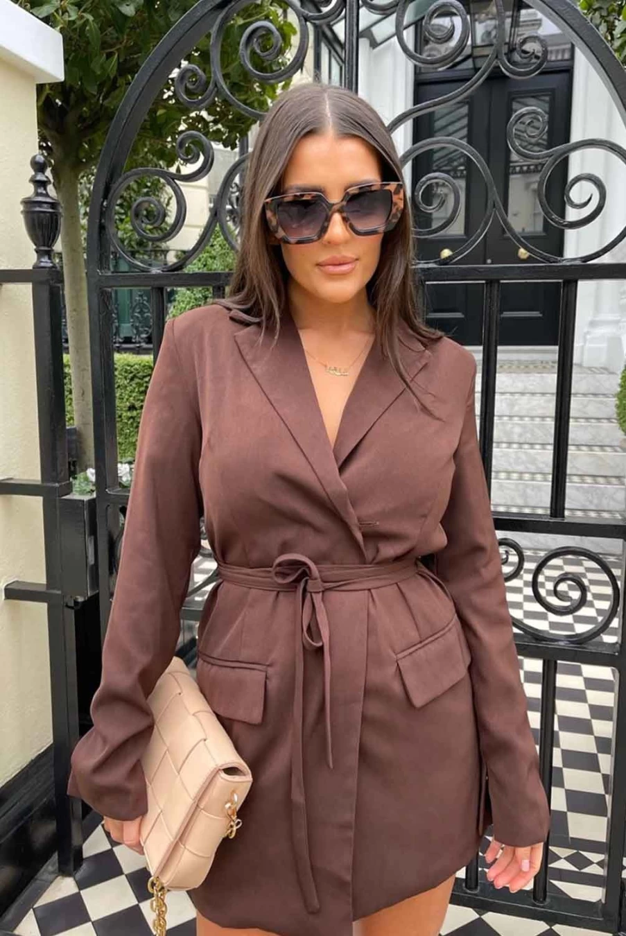 Public Desire Women's Brown Wrap Belt Blazer Dress - Chocolate