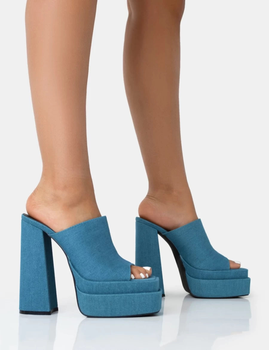 Public Desire Women's Blue Skyhigh Denim Chunky Platform High Heel Mules
