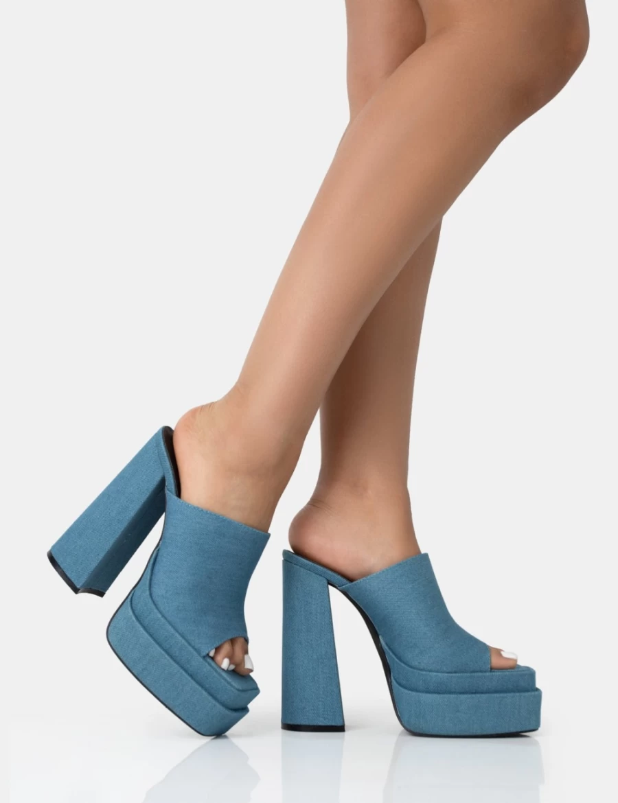 Public Desire Women's Blue Skyhigh Denim Chunky Platform High Heel Mules