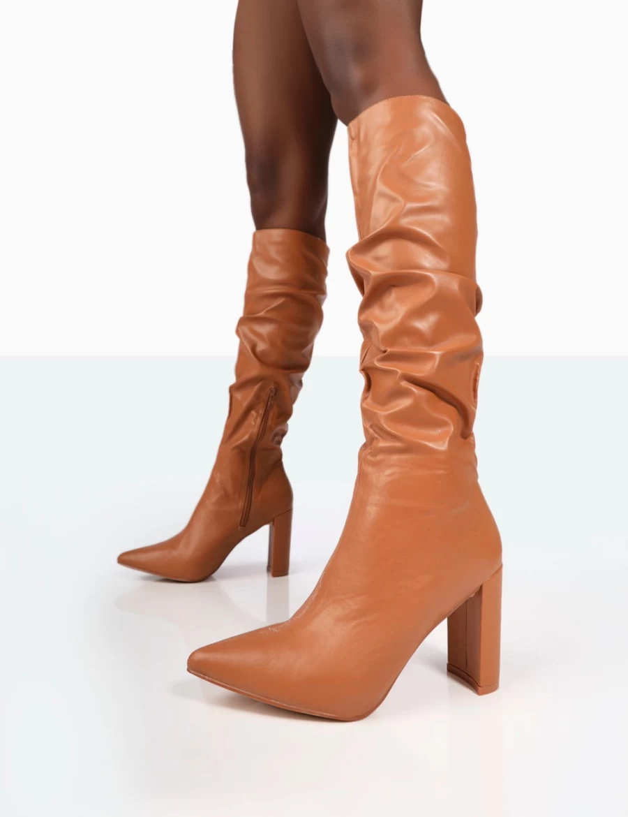 Public Desire Women's Caramel Mine Pu Pointed Toe Block Heel Knee High Boots