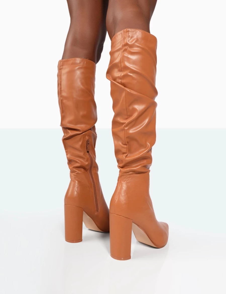 Public Desire Women's Caramel Mine Pu Pointed Toe Block Heel Knee High Boots