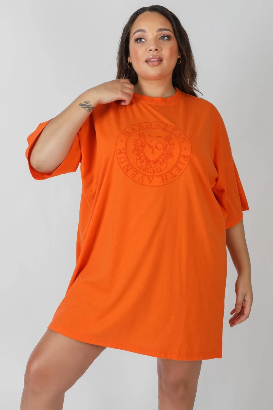 Public Desire Women's Orange Embroidered Oversized T-Shirt Dress - Curve Manhattan Style