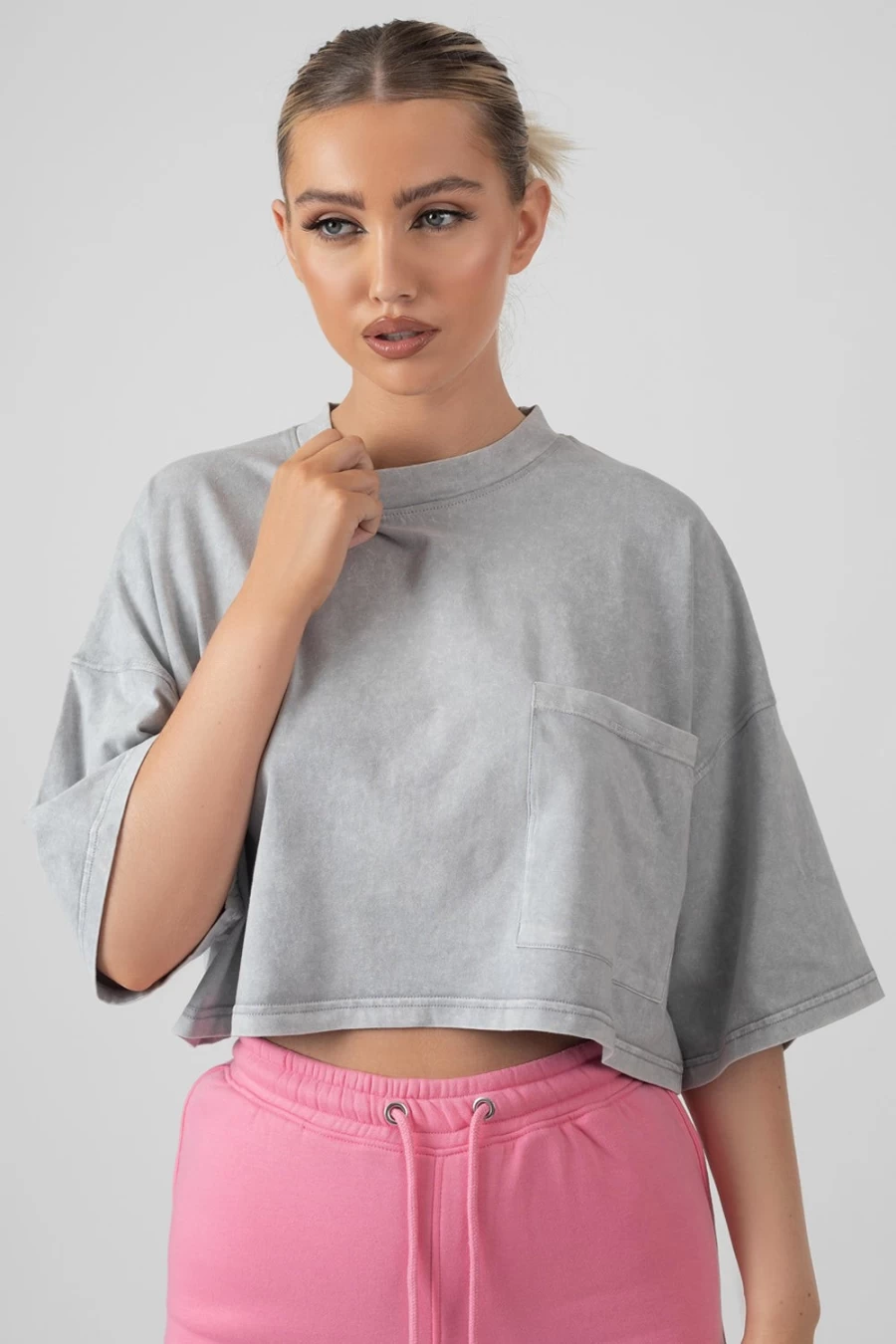 "Public Desire Women's Grey Boxy Cropped Graphic T-Shirt - Acid Wash Style"