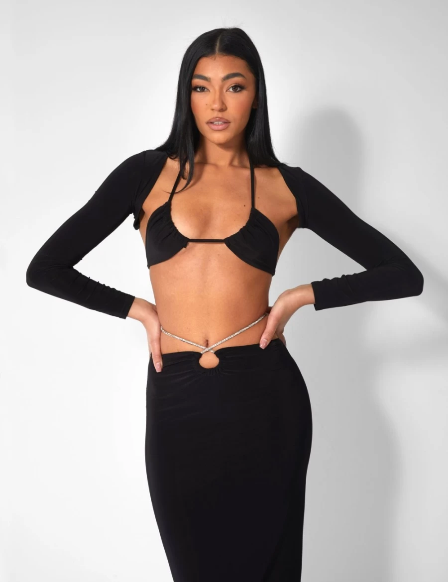 "Public Desire Women's Black Slinky Bikini Top with Shrug Cover"