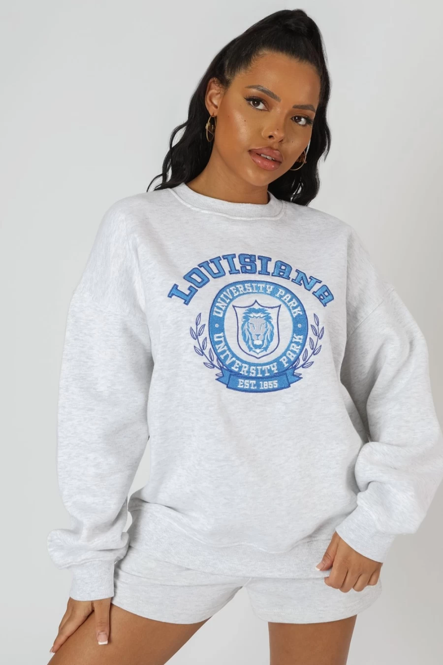 Women's Oatmeal Louisiana Embroidered Sweatshirt | Public Desire | Marl Cozy Pullover